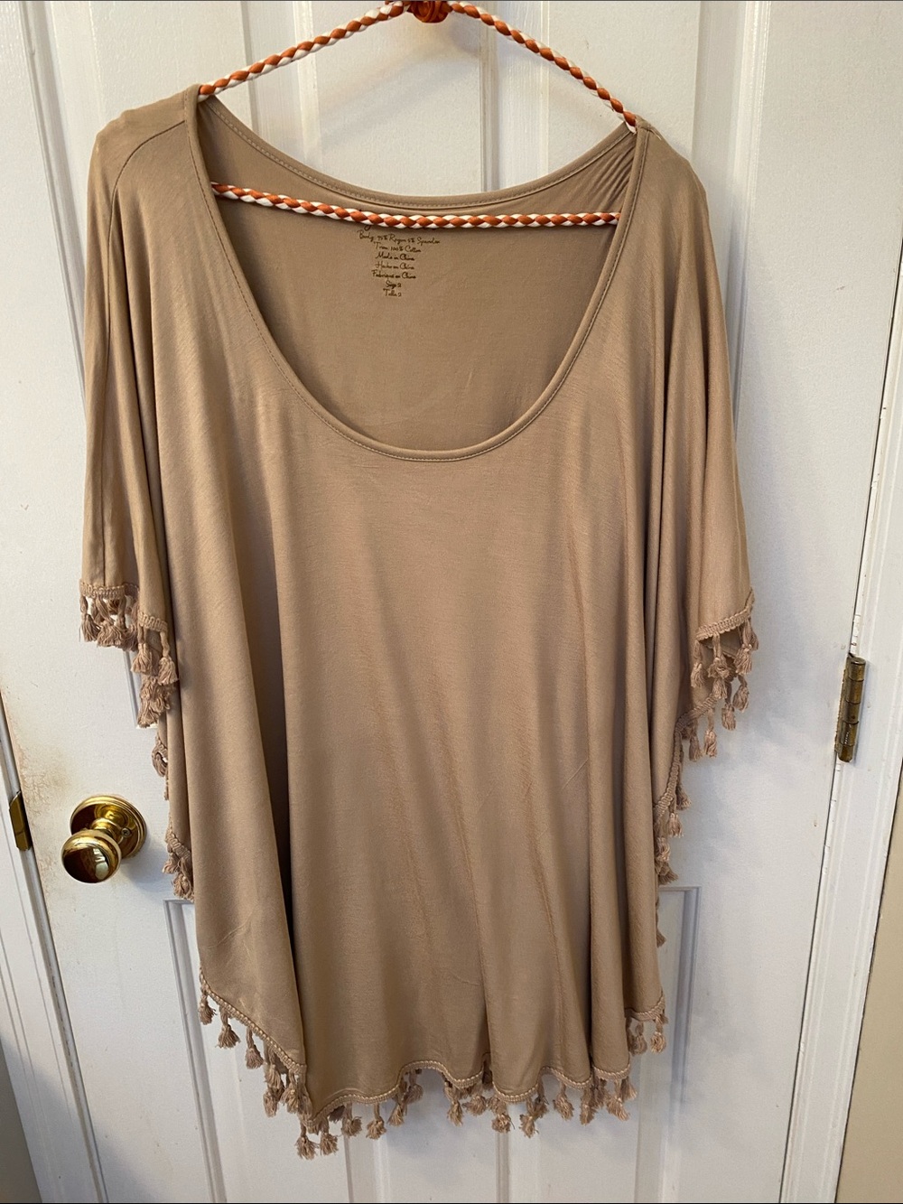 Chico's Taupe Poncho Style Fringe Scoop-Neck Tunic